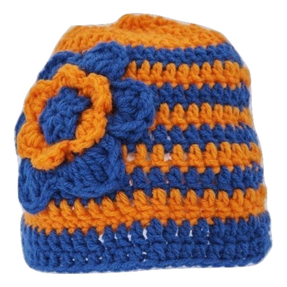 Women’s Homemade Hand Crocheted Orange and Blue Flower Beanie Winter Hat